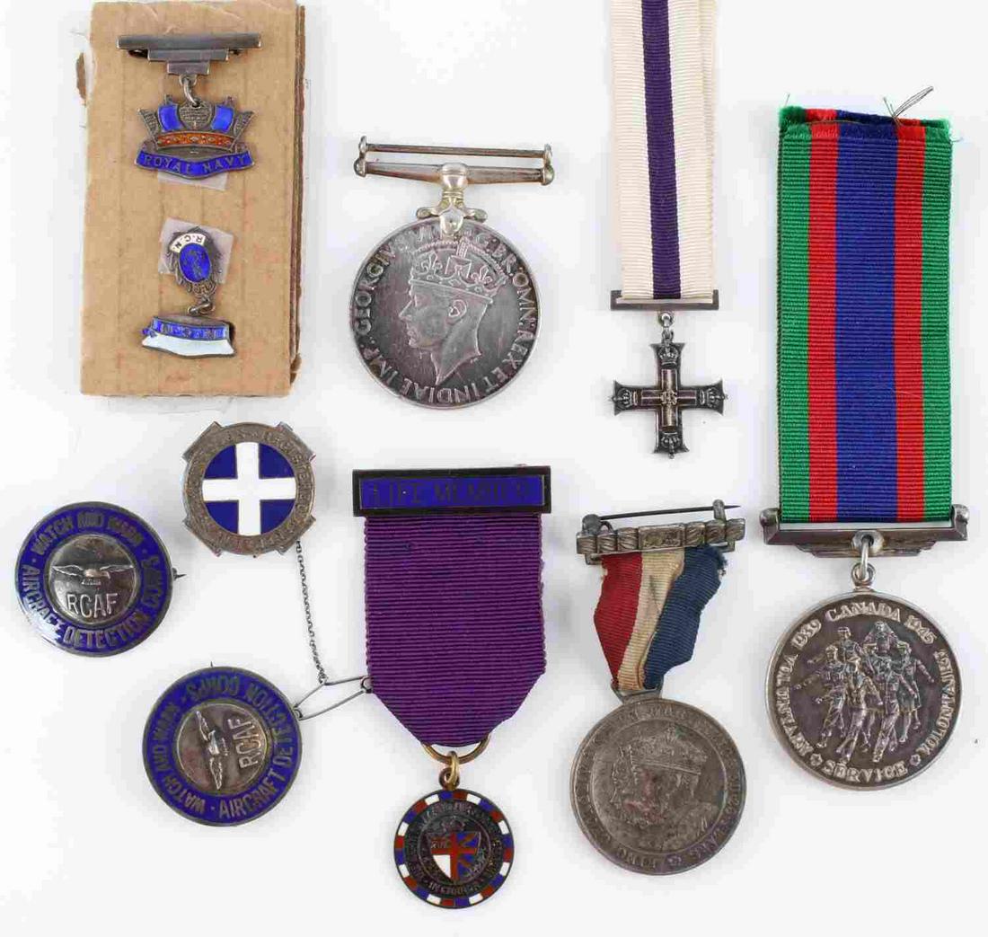 WWII SCOTLAND NURSE CANADA & BRITAIN SERVICE MEDAL: Includes Hallmark silver Scotland Nurse badge named and numbered, WWII un named British service badge, Canada Voluntary service medal, 2 sterling RCAF watch badges, sterling unnamed Military cross min