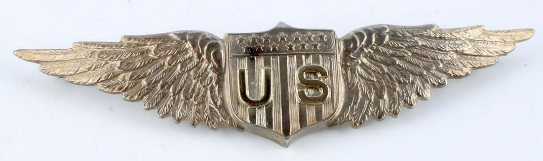 WWI U.S. AIR SERVICE SILVER TIFFANY PILOT WINGS: WWI U.S. Air Service sterling silver pilot wings by Tiffany. Named to Lt. Harry H. Haw. Mfg: Tiffany 1918. Reverse engraved with name. Marked Tiffany & Co. Horizontal pin with C catch. Measures 3 inch