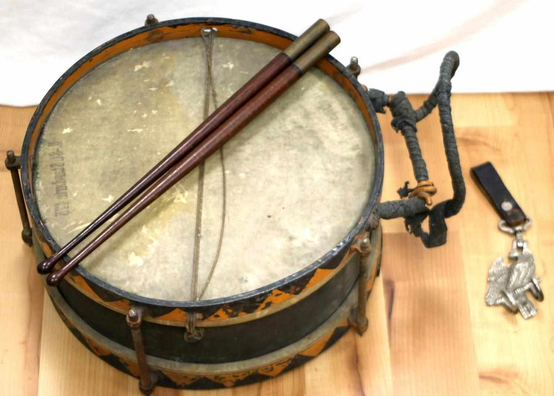 WWII GERMAN THIRD REICH SS CAVALRY SNARE DRUM: Third Reich snare drum. Features orange and black paint on a 15 inch drum. Possibly an SS cavalry drum due to the colors. Comes with Reichsadler hanger. Good condition with paint loss, staining, and r