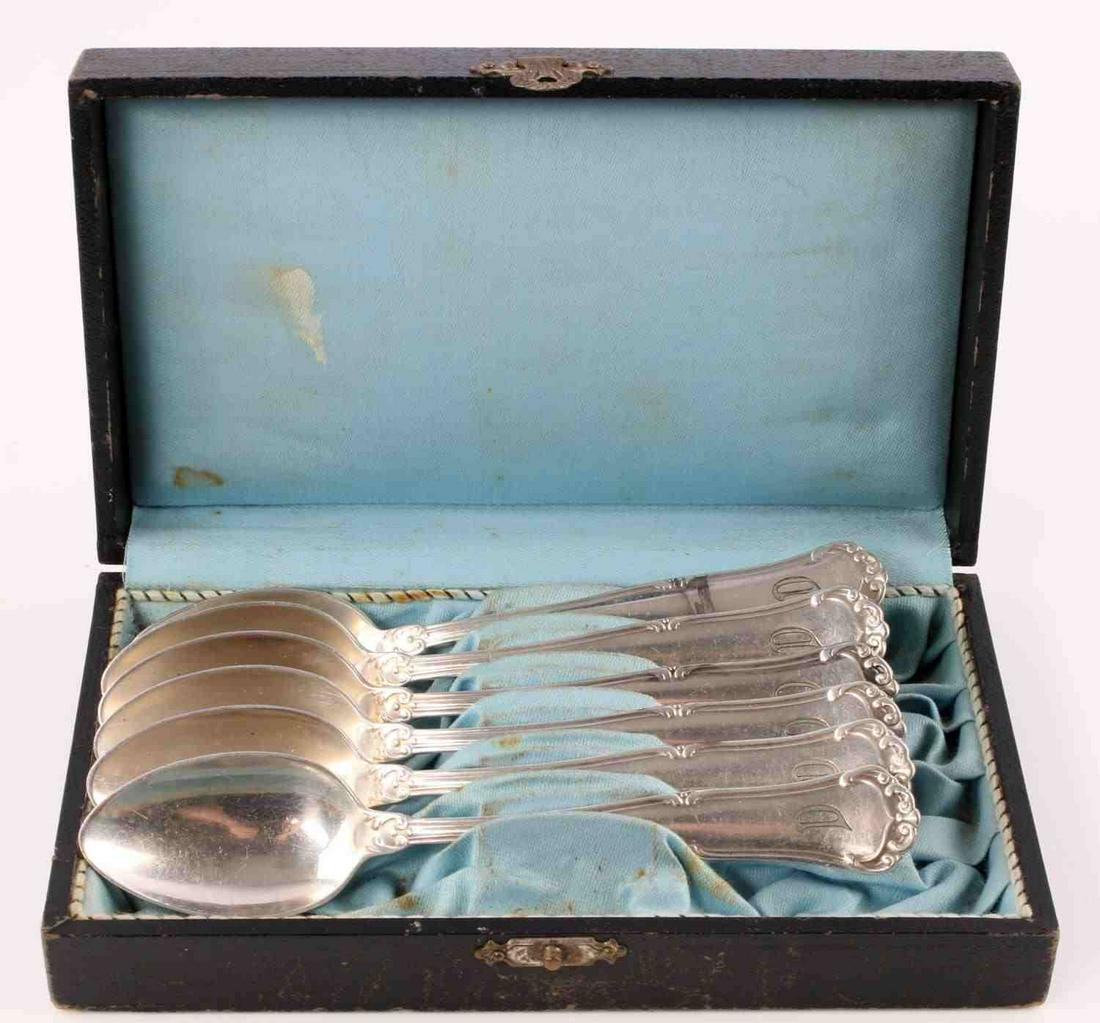 WWII GERMAN SET OF DACHAU CAMP WELLNER SILVERWARE: WWII German Reich set of Dachau Camp silverware in box to include 6 silver spoons. Each is marked "Wellner", "90", & "Haupt Speisesaal im dachau konzlager eigentum von oberbayern standarten" each with
