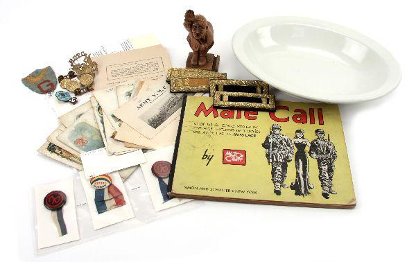 WWI WWII BADGES HOMEFRONT PHOTO EPHEMERA LOT: Large grouping of various items from the Mexican border war , WWI and WWII. Consists of WWII German safe conduct passes, WWII hard cover Milton Caniff comic strip book "Male Call" featuring" Miss Lace