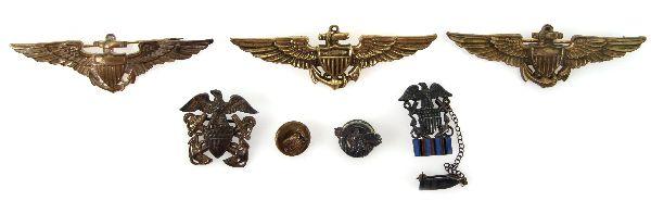 LOT OF 3 WWII ERA NAVAL AVIATORS WINGS AND OTHER: Lot of three WWII era naval aviators wings measuring 2 3/4". Also included are four other mixed naval pins.