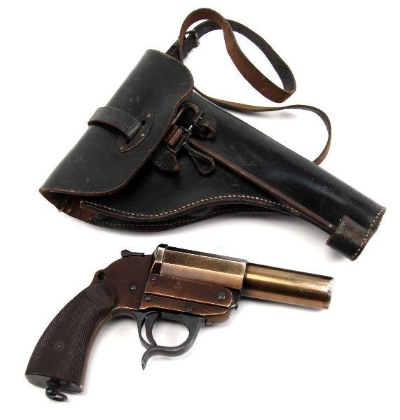 WWII ERA WALTHER FLARE GUN WITH HOLSTER AND ROD: Walther 25mm, 6 inch barrel flare gun circa WWII era. German eagle proof with "359" under it. Several other proofs as well. "Waffenfabrik Walther Zella- Mehlis (Thur)" stamped on left side of frame. S