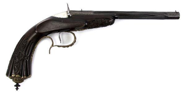 FLOBERT STYLE PARLOR PISTOL CIRCA LATE 19TH CEN: Flobert parlor pistol from late 19th century. Carved stock and engraved tang, as well as near both ends of barrel. Belgian Leige proof mark on left side of barrel. Smooth bore, bright and clean. Overa