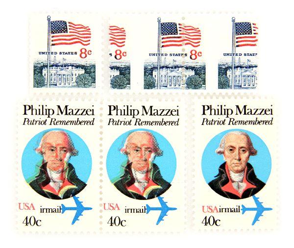 ERROR STAMP LOT PHILLIP MAZZEI & U.S. FLAG UNUSED: A group of error stamps to include a Phillip Mazzei color offset (2) stamp part block in unused mint with a U.S. flag partial stamp mis-perforation also in mint condition.