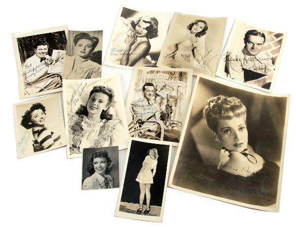 11 LOT WWII ERA SIGNED HOLLYWOOD STAR PRESS PHOTOS: A wonderful grouping of (11) hand signed press photos including Bob Hope, Ida Lupino, Ann Southern, Carol Bruce, Osa Massen, Harry James (for Chesterfield Cigarettes), Buddy Mareno (also for Chesterfi