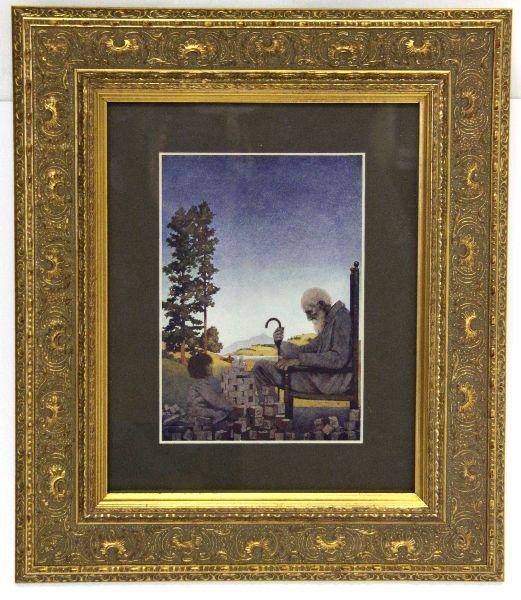 MAXFIELD PARRISH 1904 PRINT FIRST EDITION PRINT: "Shuffle-Shoon and Amber-Locks" from the first edition of "Poems of Childhood" by Eugene Field, published by Charles Scribner's Sons in 1904. Matted and framed with certificate attached to back of fra
