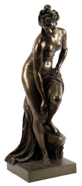 PATINATED BRONZE VENUS AT HER BATH STATUE: Christophe Gabriel Allegrain (1710-1795) marked with artist signature and "1767" on back of base with seal and stamped with founders mark F. Barbedienne.