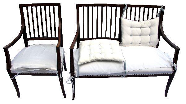 SHERATON STYLE MAHOGANY INLAID SETEE AND CHAIR SET: Centennial open arm style settee and matching arm chair. Spindle backs, sabre legs, satinwood inlay, natural silk shantung upholstering. settee is 43 inches wide.