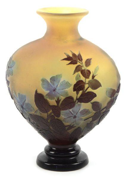 ORIGINAL GALLE VINTAGE CAMEO GLASS VASE: A stunning example of Emile Galle art glass. 9 inches tall by 7 inches wide. Multi coloured glass layers. Still intact on bottom is a sticker from "Frognet" gallery in "Bruxelles". One very small flea