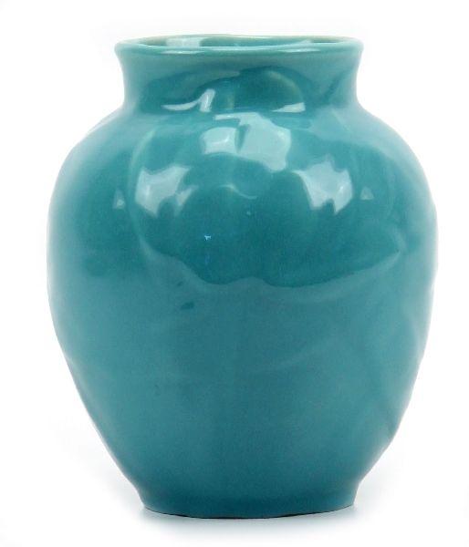 ROOKWOOD 6633 LOTUS FLOWER VASE IN IRIS GLAZE: Dated "XLIX" (1949) with heavy iris glaze in aqua. No crazing, no chips.
