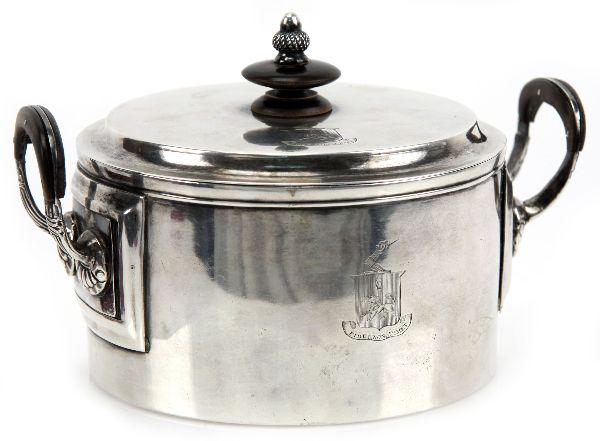 1800'S SCOTTISH SILVER EGG CODDLE W/ FAMILY CREST: London assay, Thistle, "F.D." makers mark and "P" date stamp. Double removable handles with wood overlay. Lid handle with horn knob attached with silver screw and nut. Removable rack holds six eggs. F
