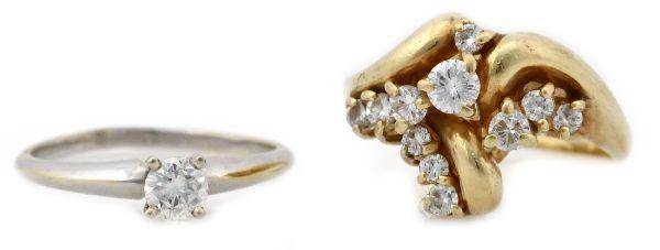 LADIES 18K DIAMOND COCKTAIL RING W/ 14K SOLITAIRE: 18k yellow gold cocktail ring with approximately 1.1 ctw and 14k white gold approximately 0.25 ct diamond solitaire. . Size: 6.75 . Weight: 12.4g