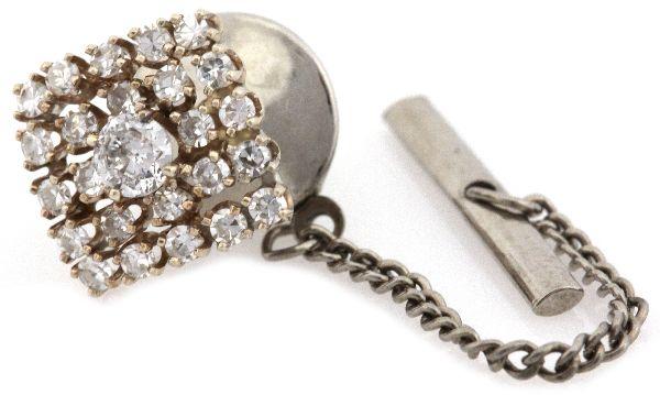 MENS 14K GOLD & DIAMOND TIE TACK: (1) approximately 0.24 ct round cut diamond with (24) approximately 0.03 ct round cut diamonds totaling approximately 1 ctw. . Weight: 1.6 g (excluding stainless steel back) . Condition: Very good