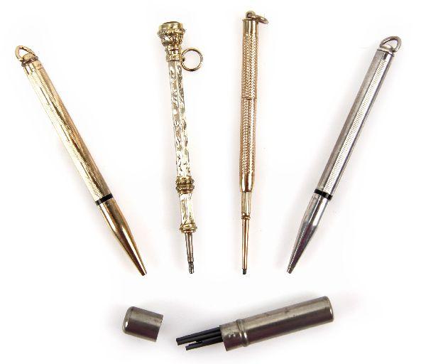 4 STERLING & GOLD CHATALAINE PROPELLER PENCIL LOT: A collector grouping of (4) telescoping or chatelaine mechanical pencils, averaging between 3 and 4 inches when extended. (1) marked "sterling axt made in USA", a second marked "axp" in rolled gold, t