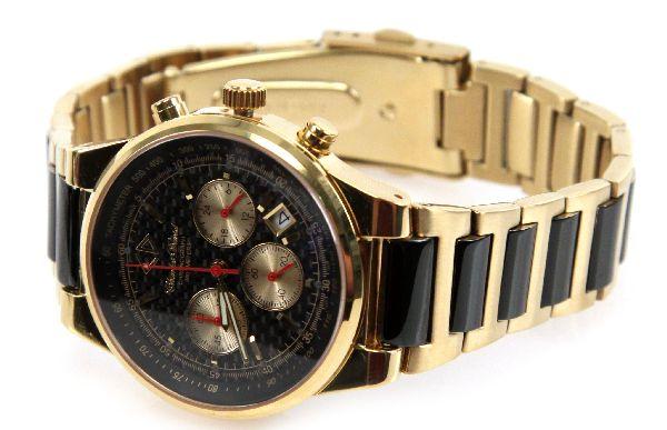 MENS MAGMA GSS WRISTWATCH W/ 18K GRAND PRIX BAND: A men's Charles David Magma GSS chronograph wristwatch with 18K gold ion plated case measuring 39 mm, quartz movement, authentic carbon fiber dial, premium sapphire crystal, and date display. 18K yell
