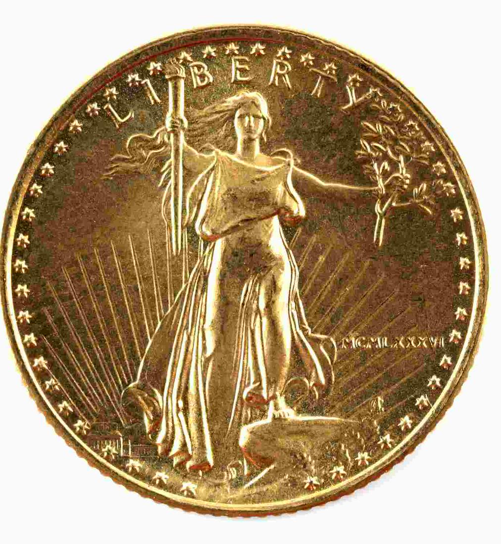 1986 GOLD 1/10 OZ AMERICAN EAGLE BU COIN: Brilliant uncirculated gold coin