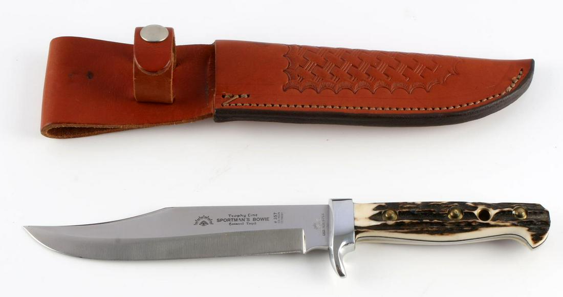 CARL SCHLIEPER SOLINGEN SPORTMAN BOWIE KNIFE: Carl Shlieper sportsman bowie knife. Stainless steel clip point blade with stag grip and steel bolster. Carl Schlieper marked to ricasso of blade. Measures 11 1/4 inches overall. Comes with leather sc