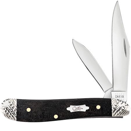 CASE WORKED EBONY WOOD SMOOTH PEANUT KNIFE 59674: Clip and Pen Blades, Case Bowtie Script Shield, Worked Bolsters, Velvet Gift Box, Limited Production, 2 7/8 in (7.3 cm) closed, 1.2 oz (34.0 g) This lot has a reserve.