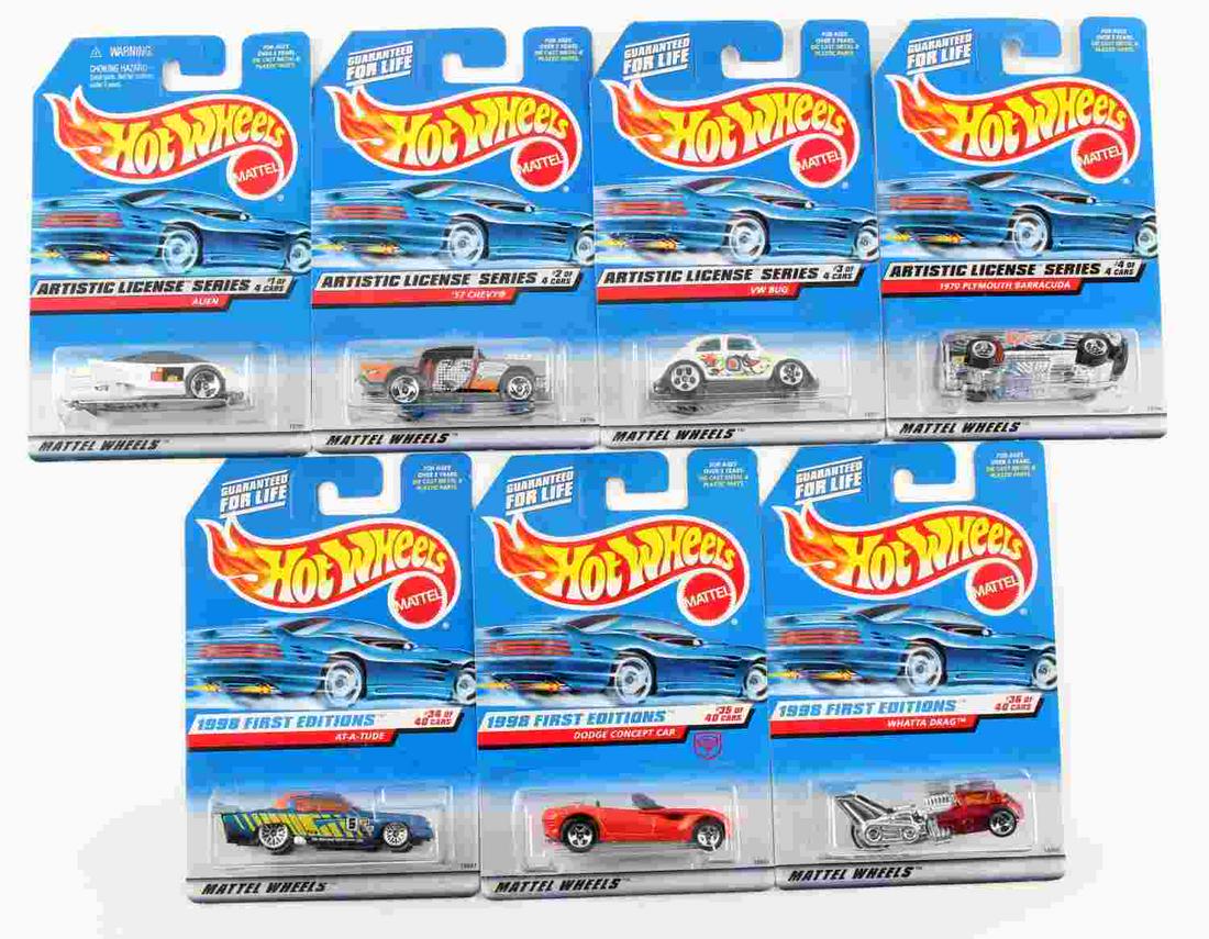 130 ARTISTIC &1998 FIRST EDITION MATTEL HOT WHEELS: Lot of 130 Artistic Series and 1998 First Editions Mattel Hot Wheels. Includes all four cars in the Artistic Series, with 11 #1 Alien models, 20 #2 '57 Chevy models, 6 #3 VW Bug models, and 12 #4 1970