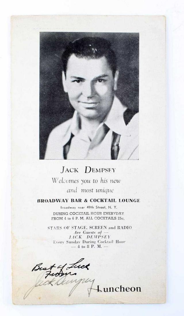 JACK DEMPSEY AUTOGRAPHED 1939 BROADWAY MENU: Signed lower left front, dated Saturday March 25 1939, very good original condition.