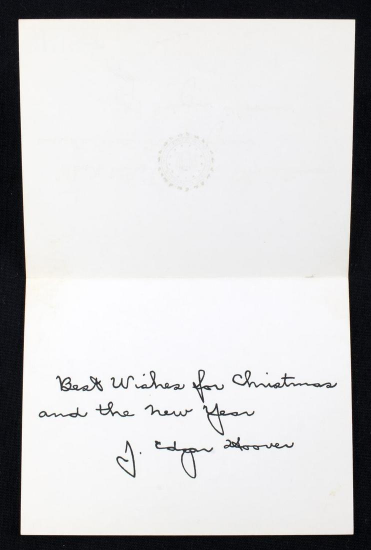 ORIGINAL SIGNED GREETING CARD FROM J. EDGAR HOOVER: Signed greeting card by J. Edgar Hoover. Features FBI seal on front. Inside reads "Best wishes for Christmas and the New Year. - J. Edgar Hoover". Measures 3X4 inches closed. Very good condition overa