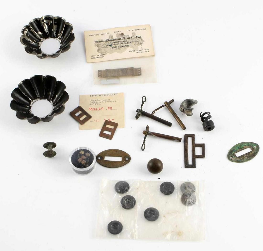 DUG CIVIL WAR ERA BATTLEFIELD MILITARY GEAR: Items include parts for projectiles, blades, firearms, and uniforms. Good condition. As photographed.