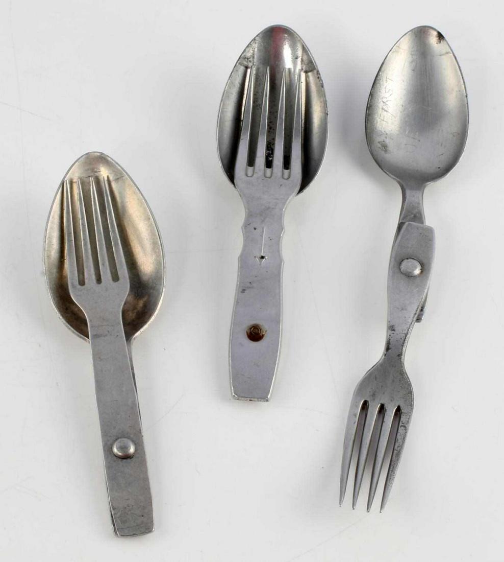 WWII GERMAN MESS KIT UTENSIL LOT OF 3 ALUMINUM: Slides out to use as fork or spoon. Different maker markings. While extended, measures 9 inches long. Good condition. Unauthenticated, sold as is.