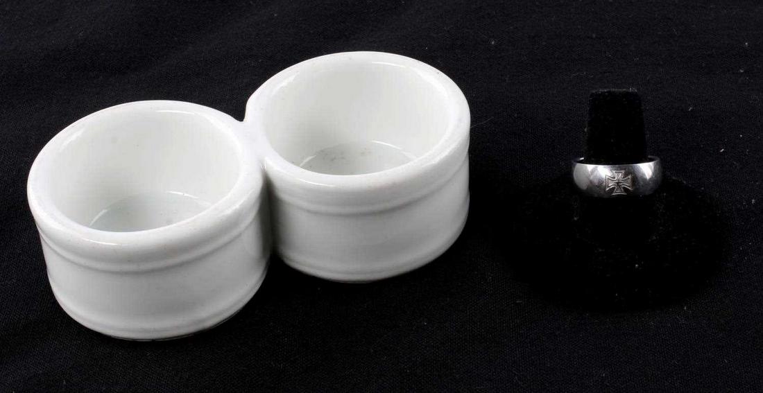 1939 GERMAN SALT CELLAR DOUBLE REICHSABEITSDIENST: Reichsarbeitsdienst double salt cellar marked 1939. Stainless steel ring included with iron cross pattée in center.