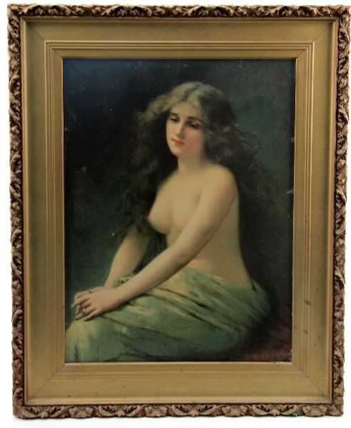 ANGELO ASTI (1847-1903) NUDE PRETTY GIRL PRINT: 22.5x28 inches framed print by Angelo Asti (French 1847-1903) of a young nude female. Gesso Frame. Very good condition.
