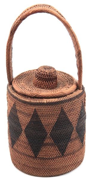 NATIVE AMERICAN PINE NEEDLE LIDDED BASKET: Early 20th C. 20 inches in height by 6 inches in diameter. Polychrome lidded Native American basket, possibly from the Western Paiute tribe. Excellent condition.