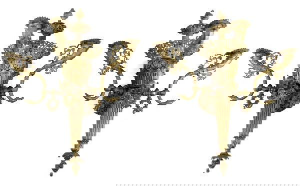 ANTIQUE BRASS WALL SCONCE GAS LAMPS PAIR: French torches style in brass. Each sconce measures 20 inches and has three gas lights with laurel wreath cutoffs. Swan head returns.