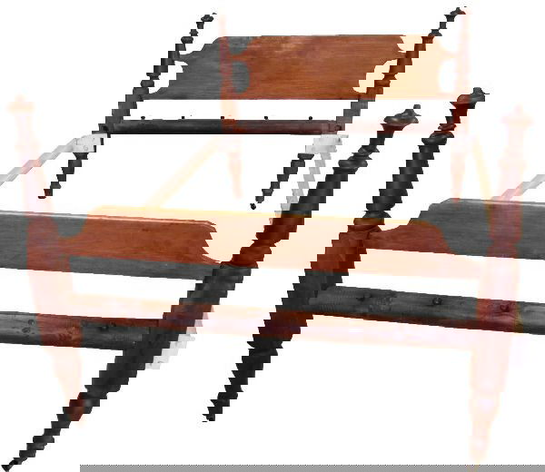 ANTIQUE WOODEN CONVERTED ROPE BED FRAME FULL: Converted rope bed frame. Measuring approximately 83 x 56 inches. Missing one wheel, overall good condition for age.