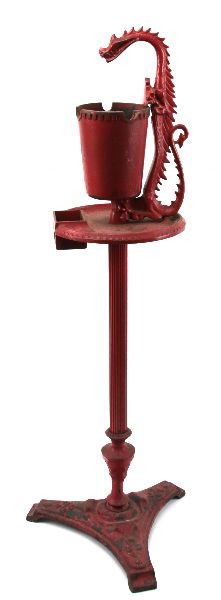 32 INCH STANDING VINTAGE ASHTRAY WITH DRAGON: Ashtray stands 32 inches tall, iron, with aged red paint. "Scroll Art Mfg. Co." stamped on bottom of stand. Overall good condition.