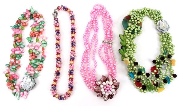 CHINESE FRESH WATER PEARL ARTWARE NECKLACES-4: A collection of (4) Chinese fresh water pearl artware necklace with floral rosettes, crafted from pearls, glass pieces, abalone, and agate stones. . Condition: Very good