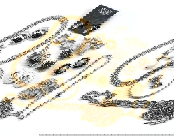 SIGNED VINTAGE TRIFARI & MONET COSTUME JEWELRY LOT: A lovely grouping of vintage signed Trifari and Monet costume jewelry pieces including: (10) pairs of clip-on earrings, another pair of earrings with matching brooch pin, (3) necklaces, a bracelet, an