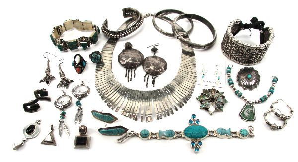 MEXICAN & NAVAJO STERLING JEWELRY LOT- 14.9 OZT: A good grouping of mostly signed Navajo and Mexican sterling silver jewelry, including (2) rings, (7) pairs of earrings, (5) pendants, an abalone and mother of pearl pin, (4) sterling bangle/cuff brac