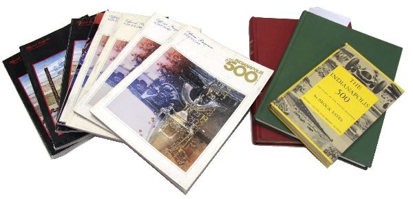 LOT OF INDY 500 PROGRAMS AND 3 DRIVER SIGNED BOOKS: Lot of three books to include: " The Indianapolis 500" by Brock Yates, signed by Duke Nolan. "Indianapolis 500 Mile History", by Floyd Clymer, and signed by driver Lou Meyers. Also, "500 Mile Race Yea