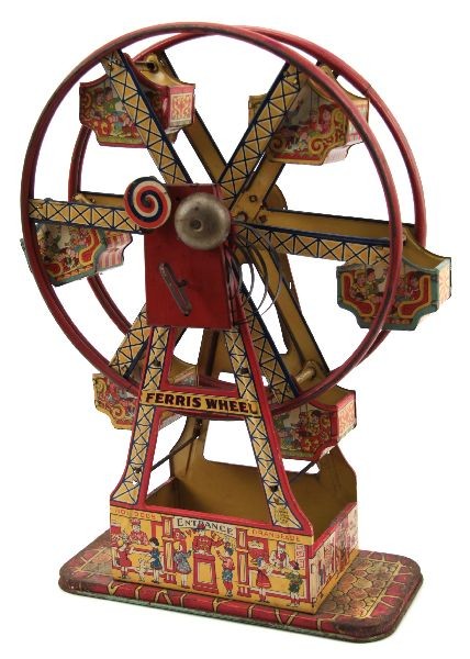 CHEIN HERCULES FERRIS WHEEL LITHO TIN WIND-UP TOY: Circa 1930's. 16.5 inches tall with an 11 inch base. Lithographed tin Chein Hercules Ferris Wheel wind up toy with good color graphics. Good condition with rusting and paint loss to the base, winding 