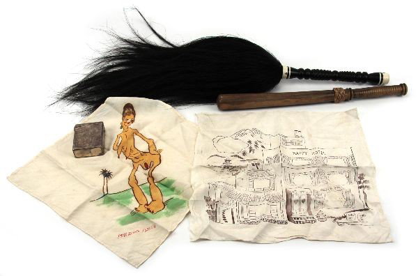 LOT OF VARIOUS SERVICE TRAVEL SOUVENIR ITEMS: To include: horse hair fly swatter with wood and ivory handle, early 20th century style billy club, silver (.950) cigarette case with Asian engraved art (2.5 OZT), and vintage souvenir handkerchiefs w
