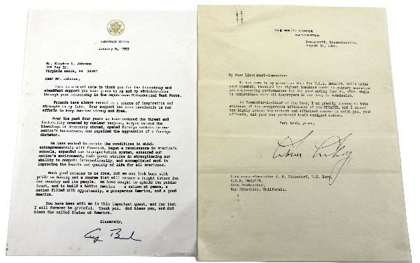 PRESIDENTIAL LETTERS GEORGE BUSH CALVIN COOLIDGE: A letter to Lieutenant Commander JB Oldendorf dated August 29 1925 and signed by President calvin coolidge sending congratulations on a job well done on Oldendorfs first command. Together with a lette