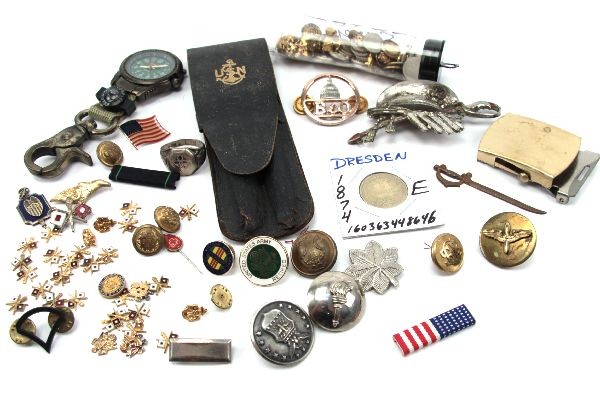 MILITARY RAILROAD INSIGNIA LOT OVER 2 OZT STERLING: A variety grouping of insignia which includes over 2.5 OZT in sterling alone, plus WWII sweetheart badge, buckle , 2 Schaeffer fountain pens in a leather USN holder, a sterling watch fob, B&O railroad