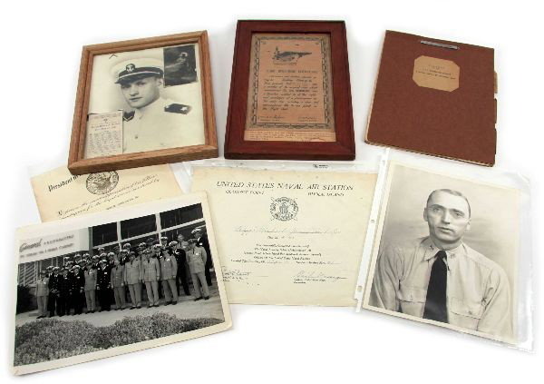 LOT OF WWII PHOTOS EPHEMERA AND DOCUMENTS: Lot of items to include photos, certificates, an obituary, and most notably, a historical summary of the operations of the USS Bennington from August 6, 1944, completion in the New York Navy Yard, unt
