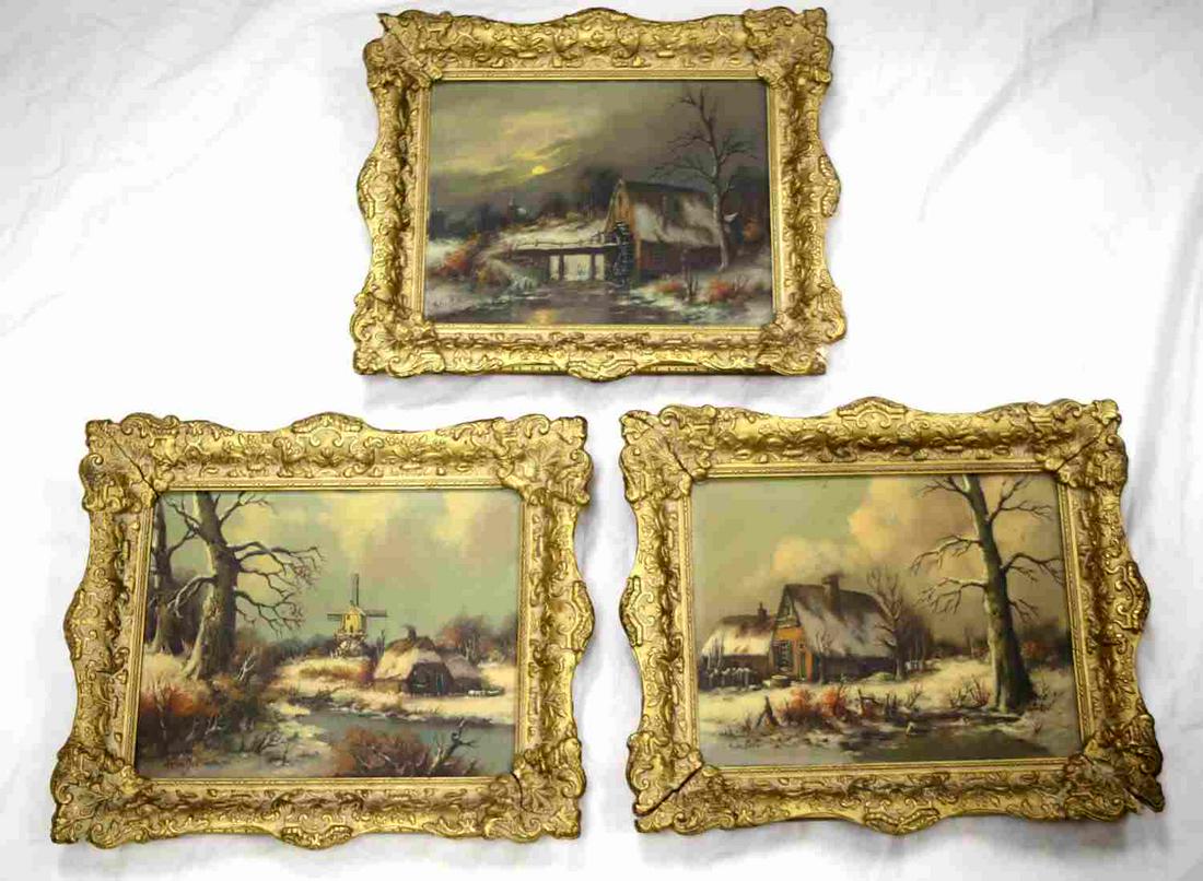 LOT OF 3 ANTON MULLER OIL PAINTING 19TH CENTURY: Lot of 3 Anton Muller oil paintings on canvases mounted to frames dated late 19th - early 20th century, all measuring (with frames) 16 X 2 X 13.75 inches. All signed bottom left corner by artist. Impr