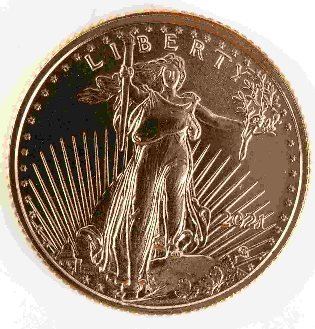 1/10 OZ AMERICAN EAGLE GOLD COIN BU 2021: Brilliant uncirculated gold coin