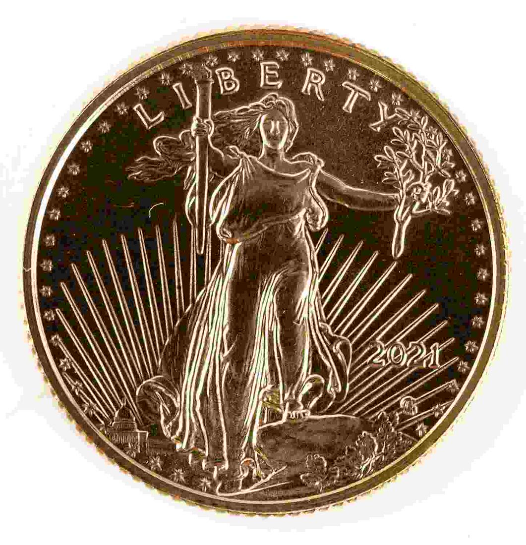 1/10 OZ AMERICAN EAGLE GOLD COIN BU 2021: Brilliant uncirculated gold coin