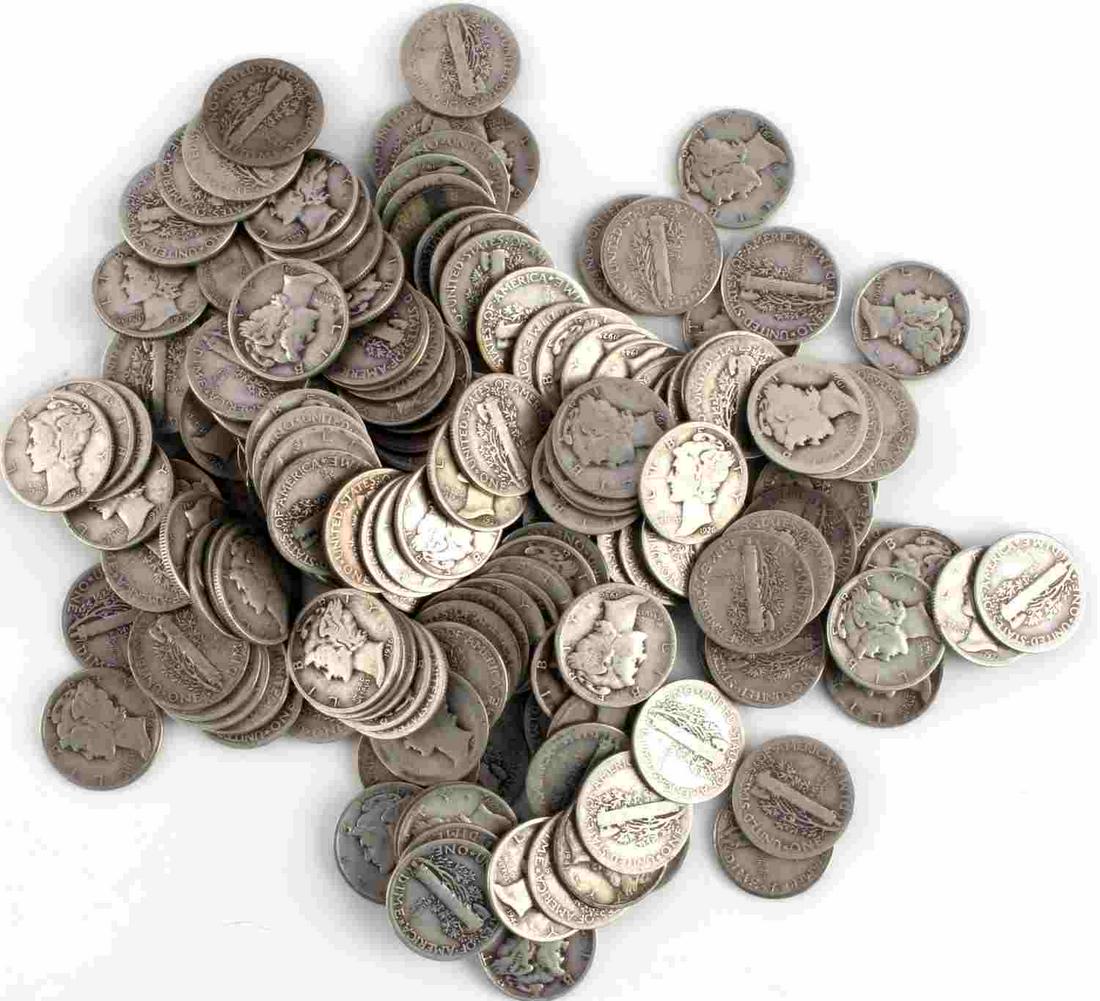 $17 FACE MERCURY DIME 90% SILVER US COIN LOT: Unsearched, mixed dates and conditions, 90% silver Mercury dimes. Face Value $17.
