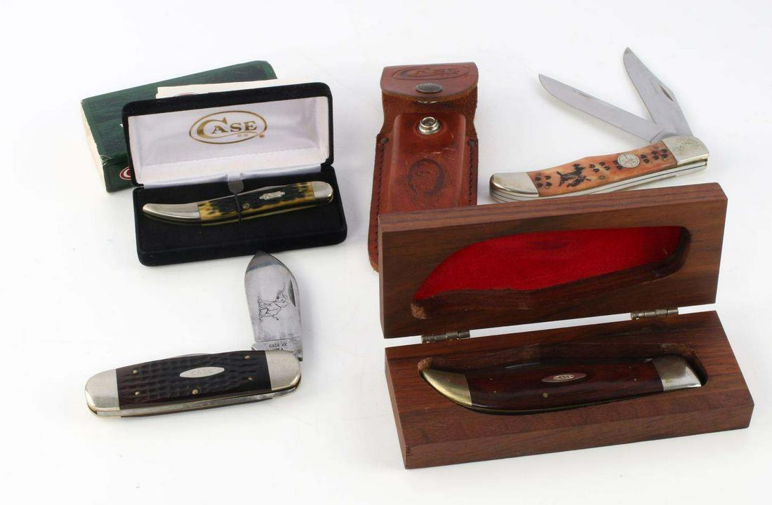 LOT OF 4 CASE KNIVES KNIFE WITH CASE XX BUFFALO: 4 Case knives: Case XX Buffalo single blade with wood grip, in case, single blade 610094 SS pocket knife with stag grip and case, Case XX 6265 SS double blade with deer scene, in leather sheath, and d