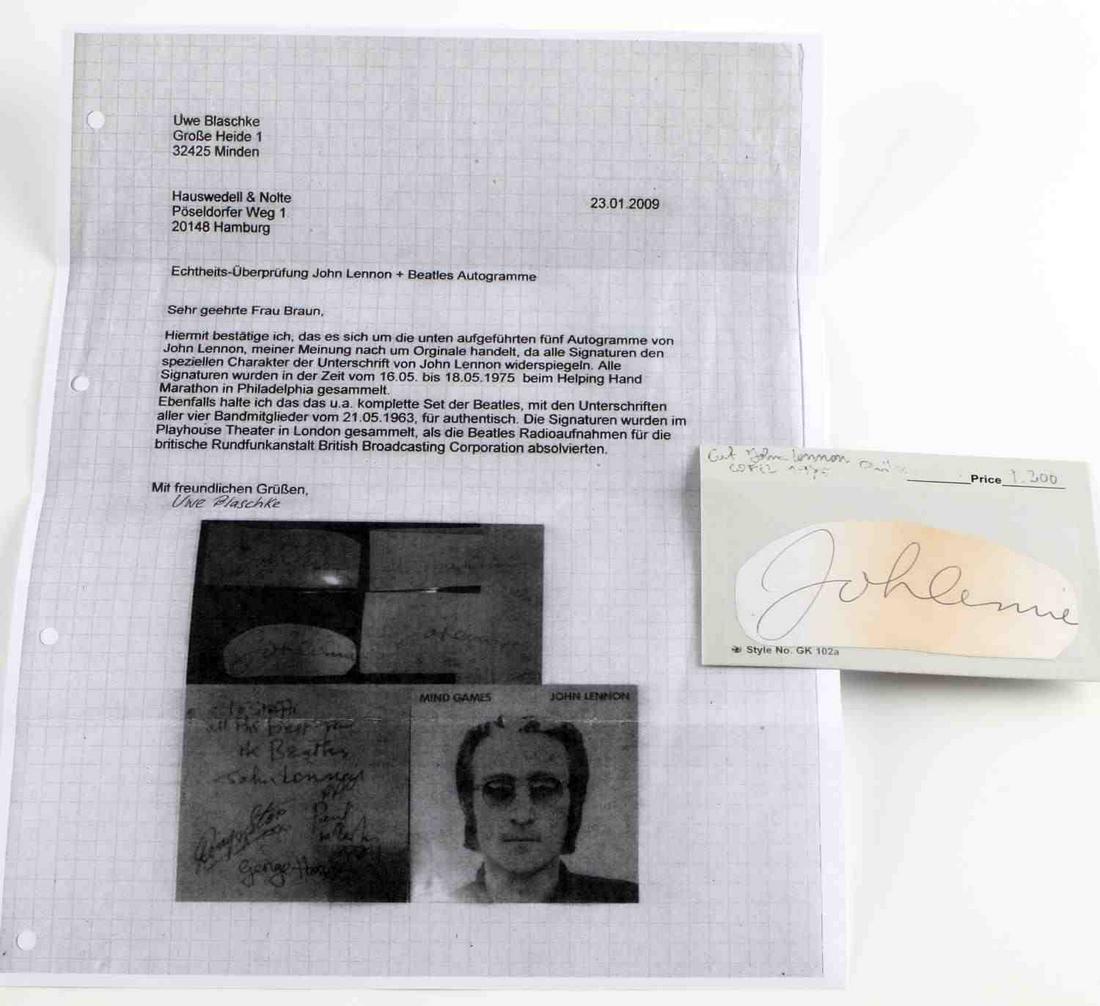 1975 JOHN LENNON CUT AUTOGRAPH W PROVENANCE: 1975 cut autograph (signed clip of paper) by John Lennon at WFIL Helping Hand Marathon in Philadelphia. Signed in pen. From the Uwe Blaschke collection. Paperwork included. Measures 3 5/8 X 1 5/8 inch