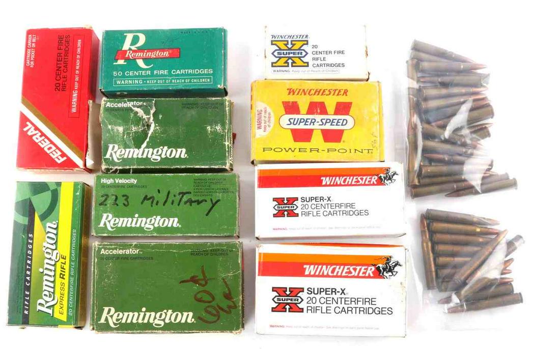 183 ROUNDS OF MIXED CALIBER & BRAND RIFLE ROUNDS: 144 Rounds of mixed caliber and brand rifle rounds, includes: 33 Winchester Super X Centerfire rifle (10 30-06, 9 243, 14 223 cal.), 7 Winchester Super-speed Power-point (270 cal.), 28 Remington Accel
